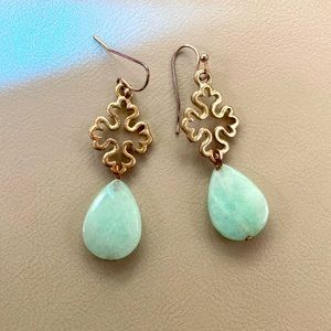 Green aqua stone and gold dangle earrings